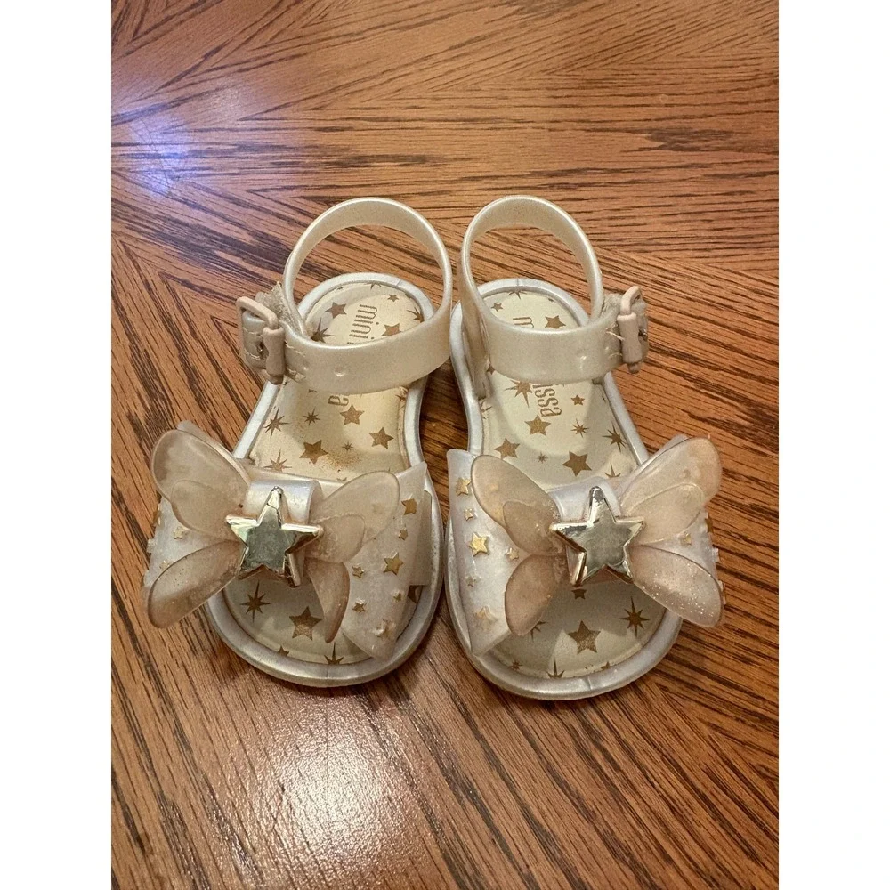 Mini Melissa Mar Sandal Stars Pearlescent White Gold Star Bow Jelly Sandals Sz 5